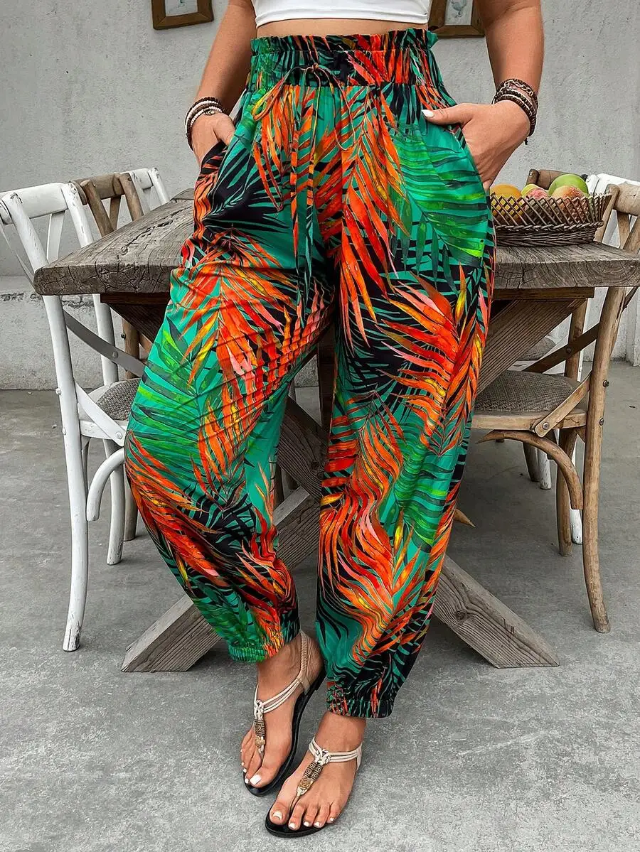 

Plus Size Tropical Leaf Print Drawstring Waist Harem Pants