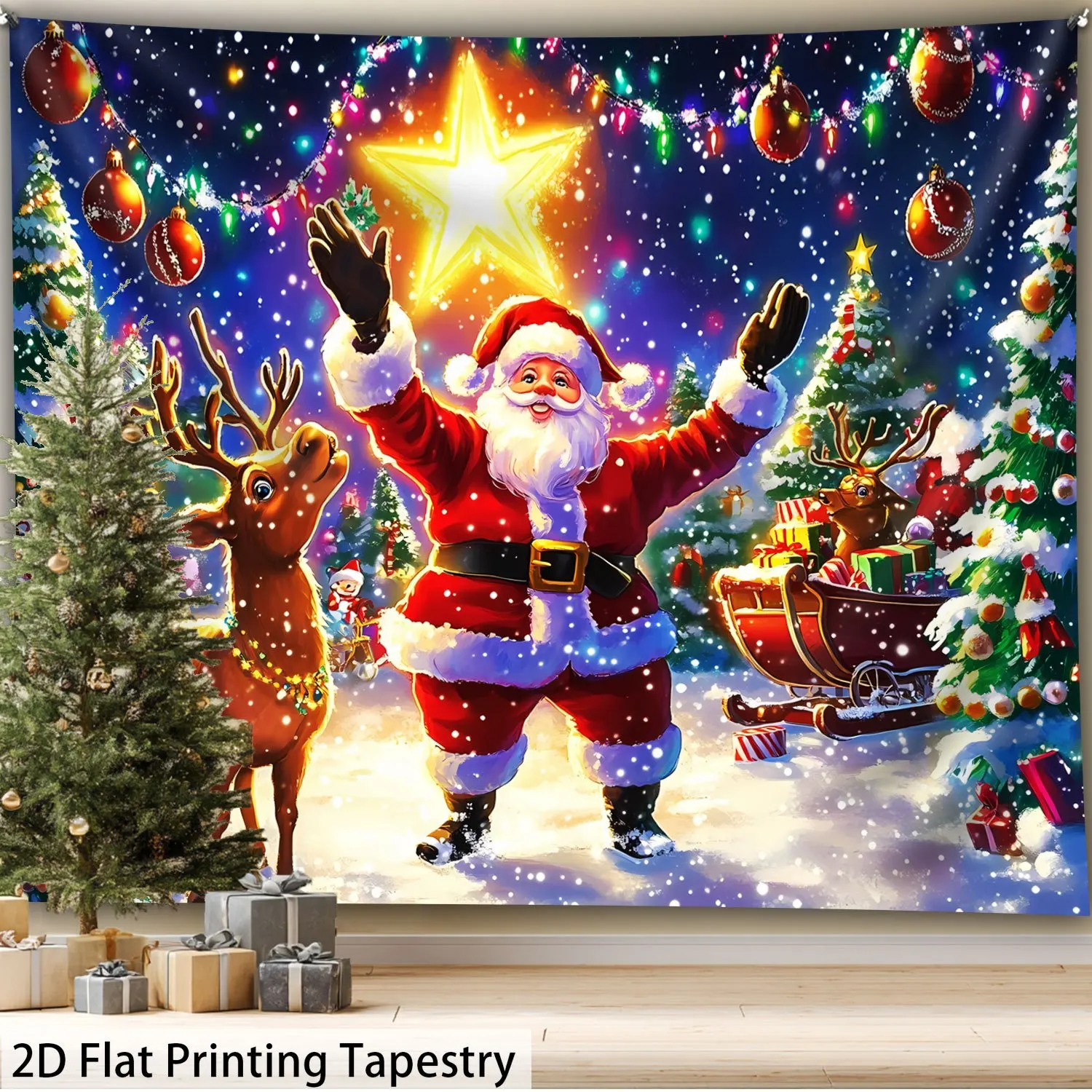 

VIKAMA Christmas Tapestry Santa Claus Reindeer Snow Scene Colorful Lights Living Room Wall Hanging Holiday Party Room Decor