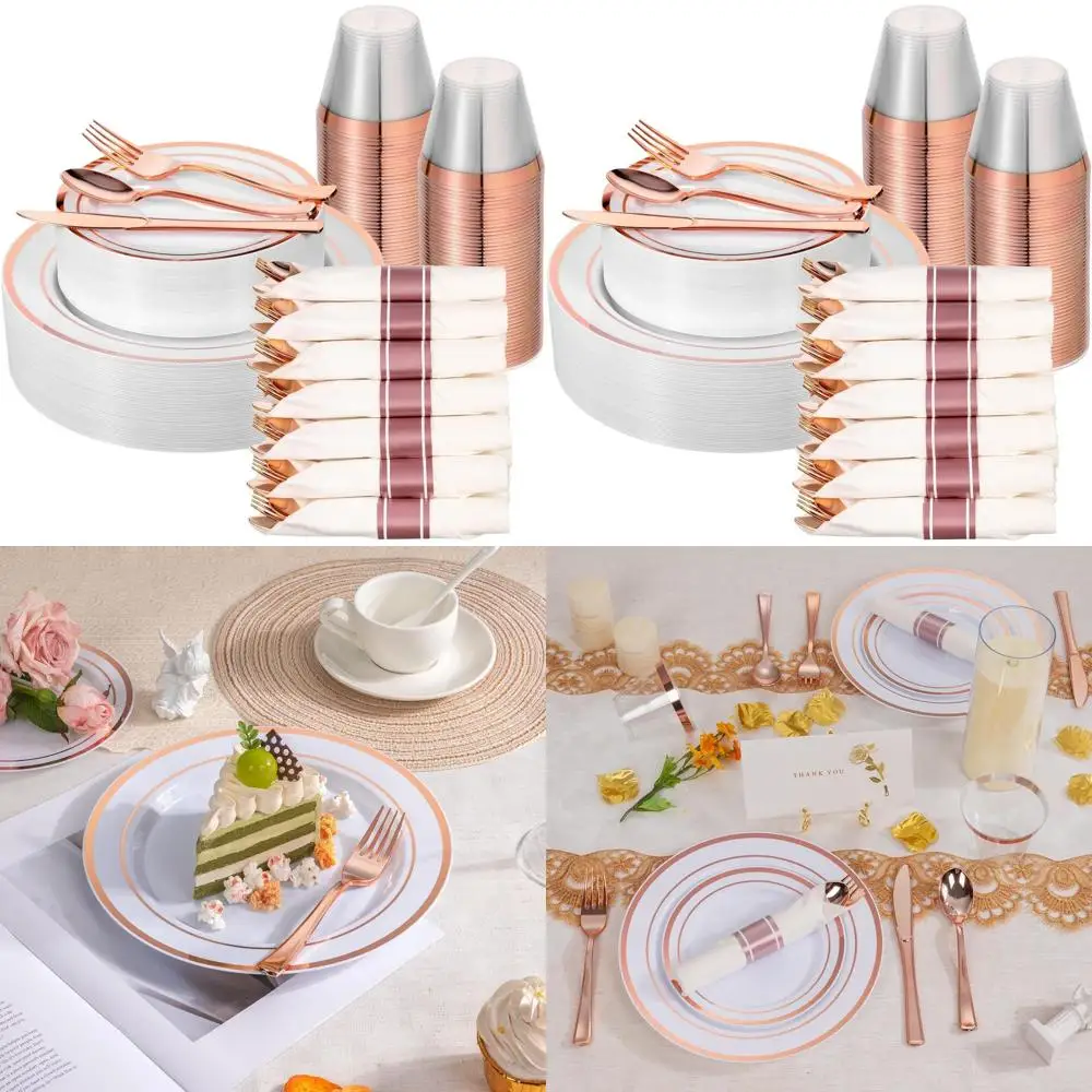 

Elegant White & Rose Gold Plastic Dinnerware Set for 50, 100 Plates, 50 Napkins, 50 Cups