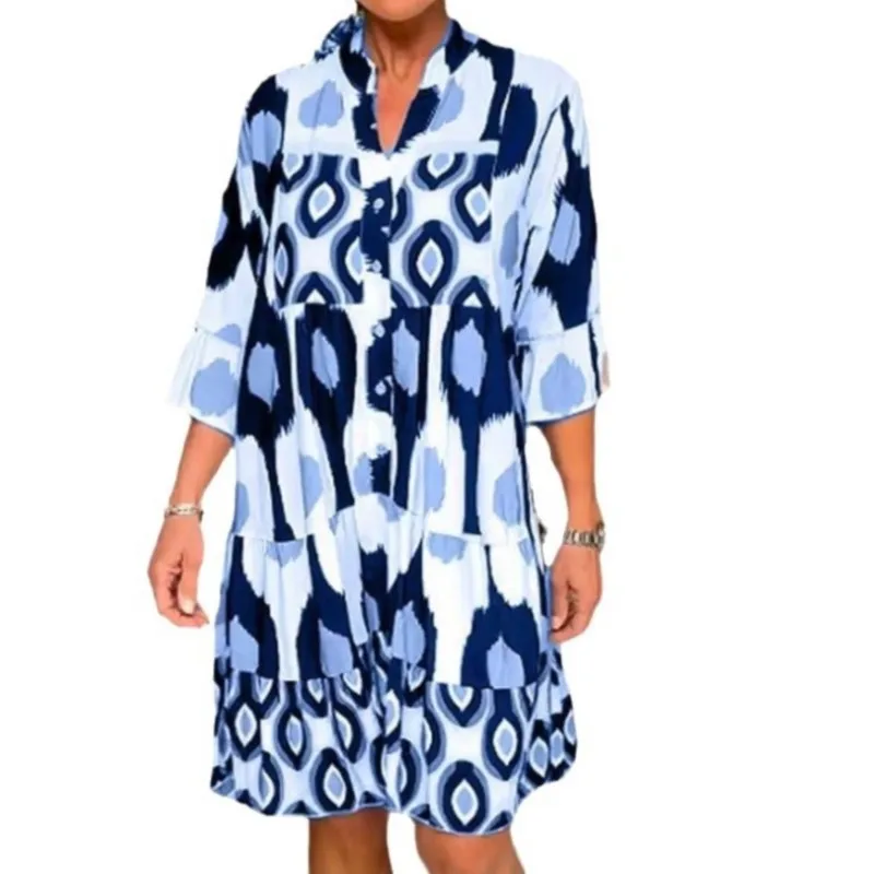 2025 Spring Summer Women Short Printed Dresses V-neck Short Sleeve Ruffles Loose Dress Female New Elegant Casual Ladies Clothes