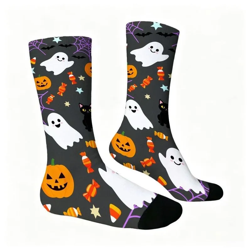 Halloween Ghost Pumpkin Print Mid-Calf Socks for Men Women Novelty Holiday Party Costume Gift