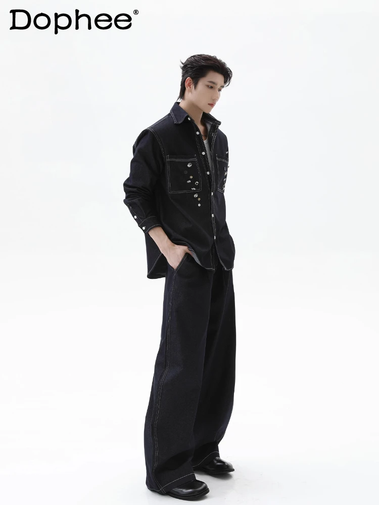 

Men's 2025 Autumn New Button Design Denim Sets Lapel Long Sleeve Denim Jackets Loose Wide-leg Curved Jeans Men's Two-piece Sets