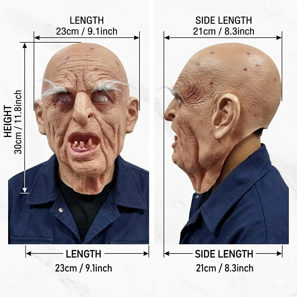 Realistische Horror-Maske eines alten Mannes aus Latex mit faltigem Gesicht, krummen Zähnen und weißen Augenbrauen, gruseliges Halloween-Kostüm, Party-Requisite – Detail 3