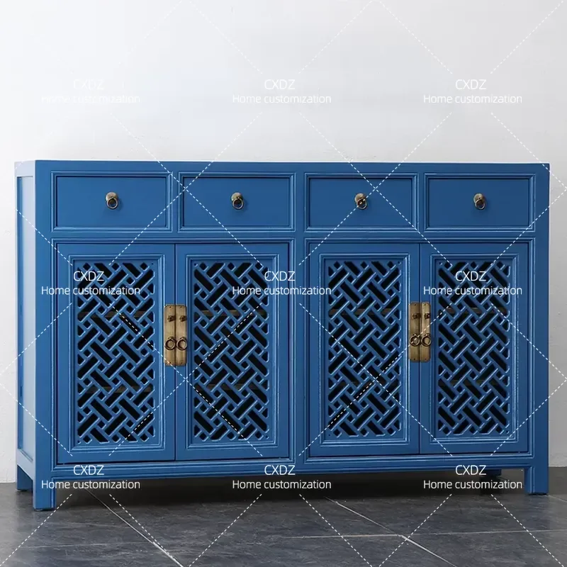 Solid Wood Dining Side Cabinet Blue Storage Tea Cupboard Living Room Entrance Hollow Shoe Decorative Wine Cabinet