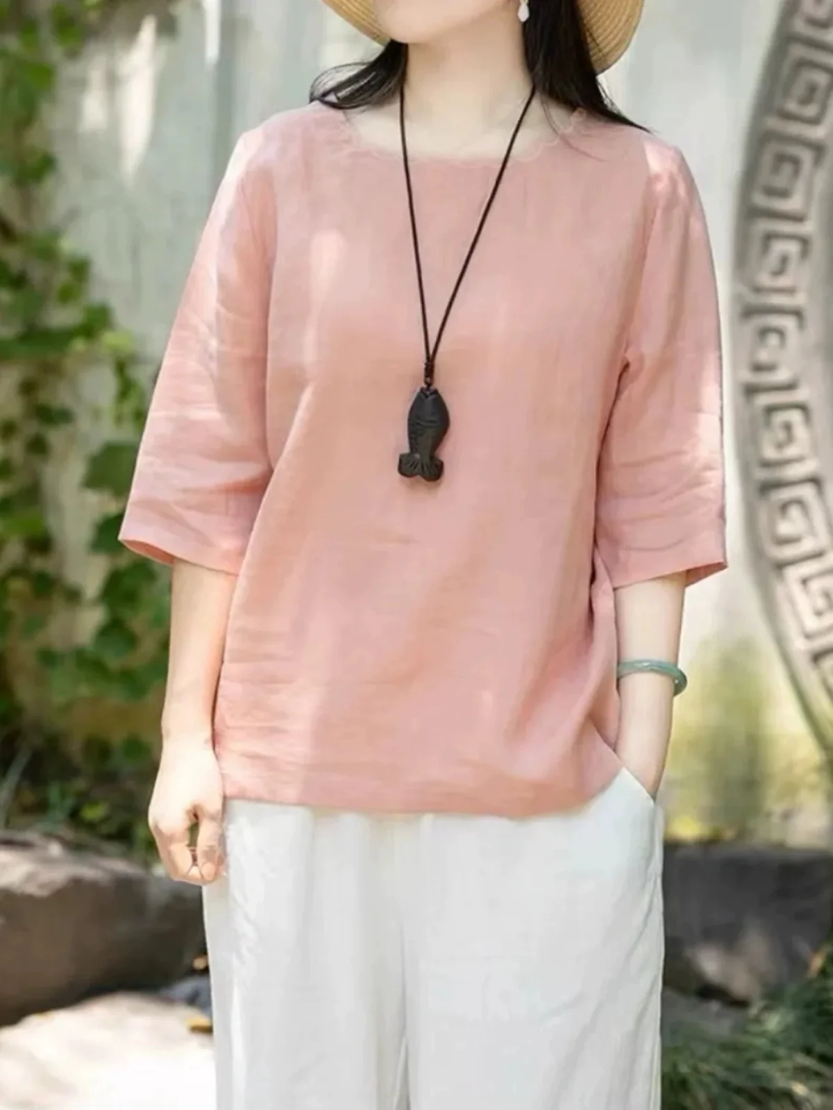 

Summer Casual Loose Cotton Linen round Ne Mom Sle T-irt mid Sve Simple Pure Color Retro Top for Women