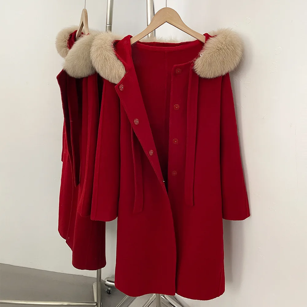 2025 Women's Autumn and Winter New Red Double-faced Wool Coat