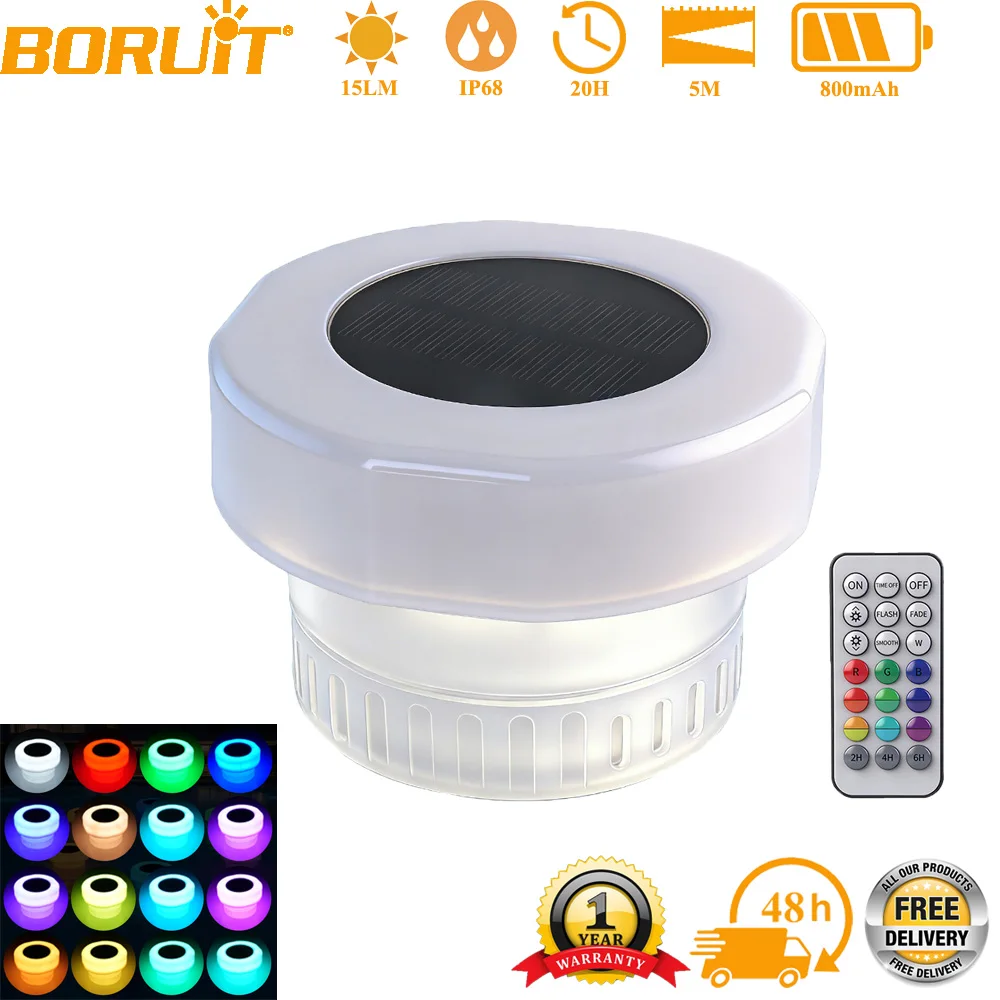 

Солнечный дозатор хлора для бассейна BORUiT с цветной подсветкой, 16 цветов, водонепроницаемый IP68, для бассейнов, спа и ванн