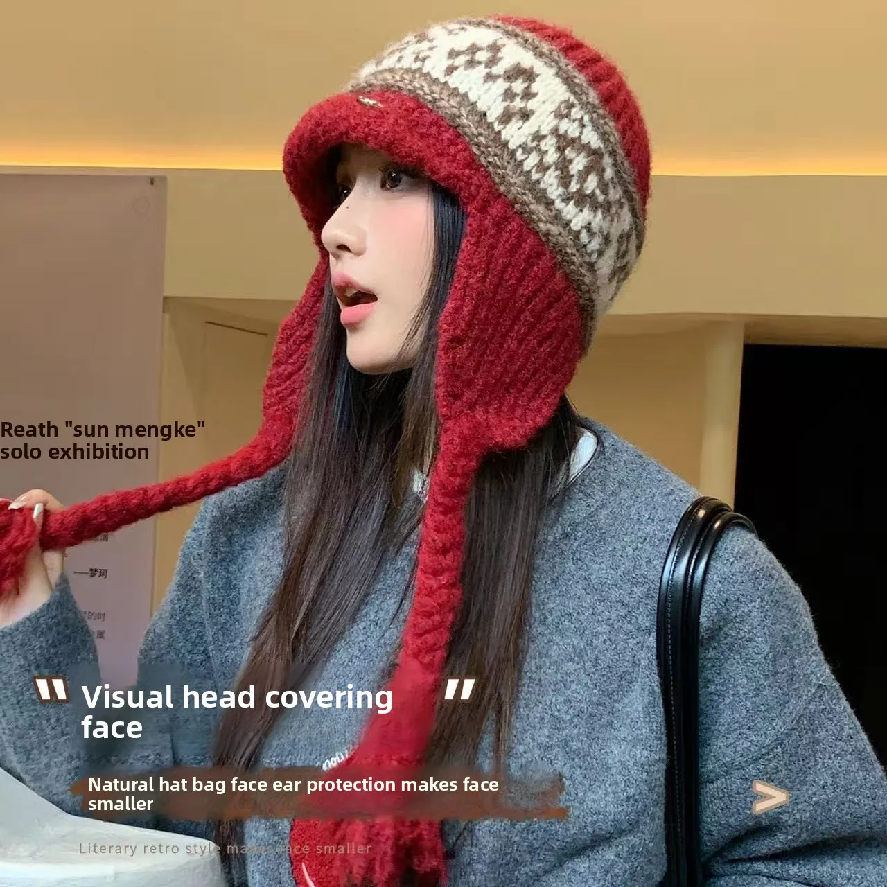 Fair Isle Retro Jacquard Women Earflap Beanies Stripe Long Braided Tassel Cord Bomber Hats Winter Thermal Soft Knit Bonnet Caps