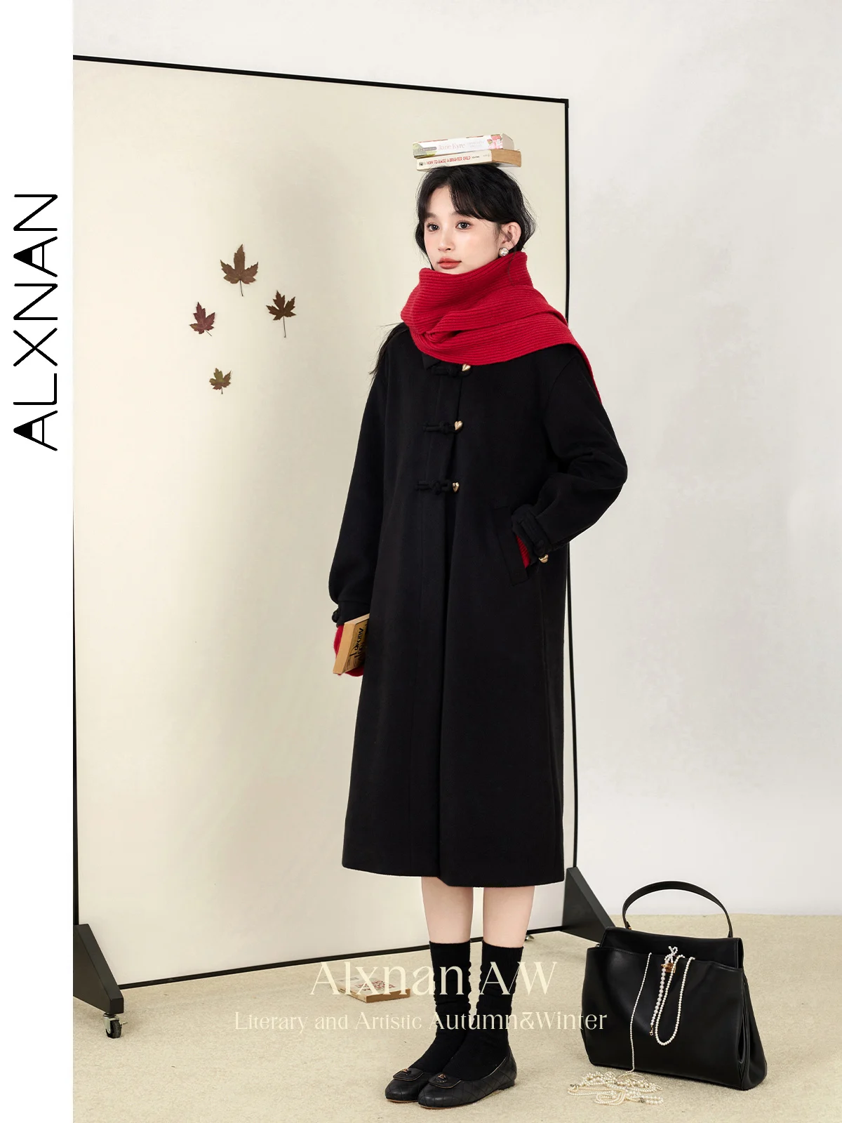 

ALXNAN черное шерстяное пальто больших размеров для женщин, верхняя одежда с воротником-поло и пуговицами в форме сердца, осень-зима 202, теплое женское длинное пальто D07783
