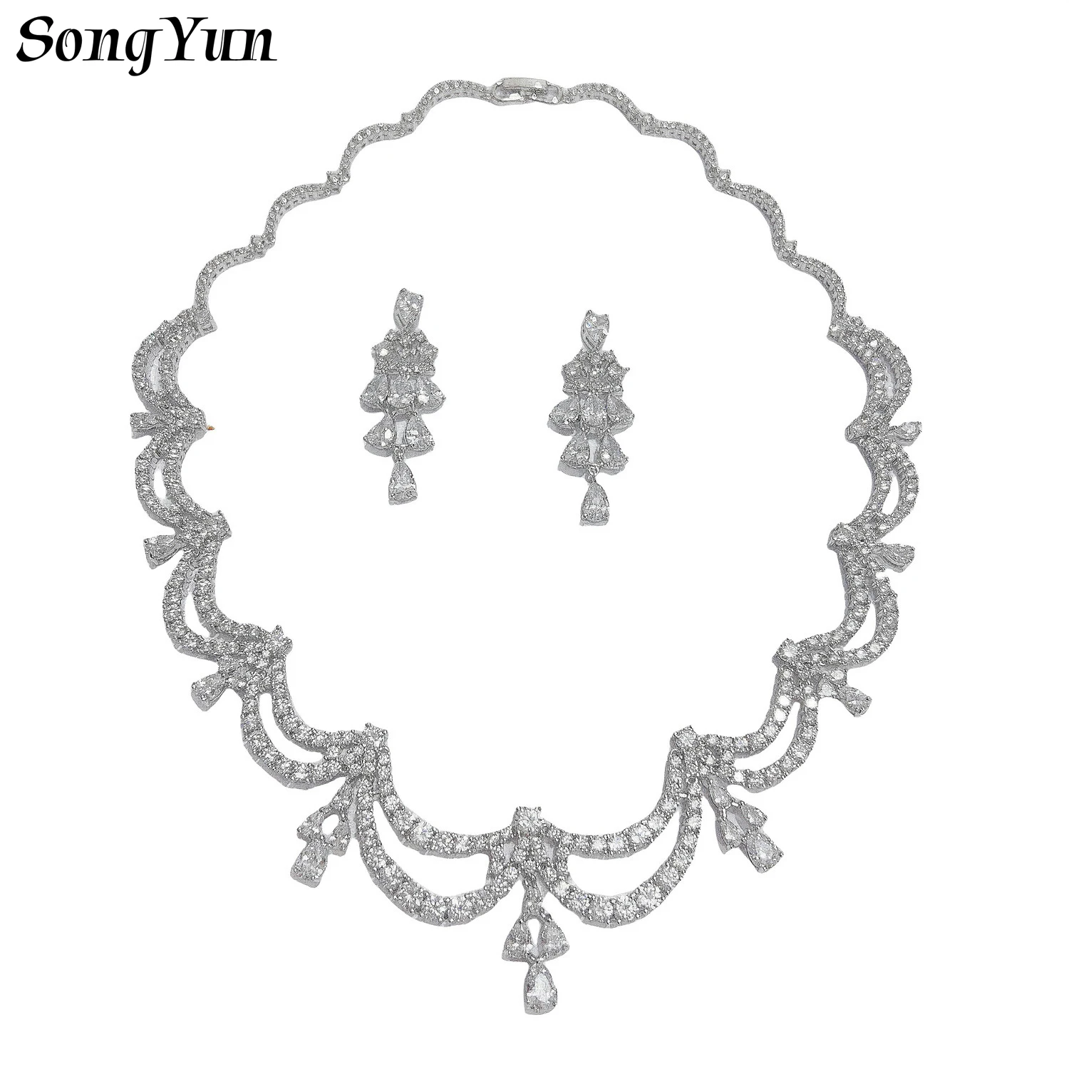 

Bridal Wedding Party Banquet Earrings Necklace Set Luxury Evening Gown Accessory Sparkling Water Drop Cubic Zircon Jewelry Set