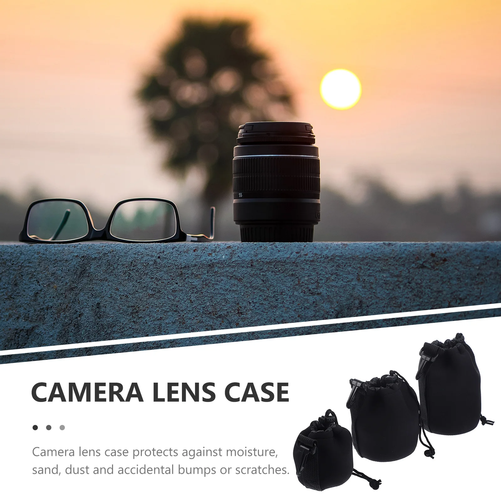 

3Pcs Camera Lens Bag Neoprene Drawstring Durable Outdoor Camera Lens Protector Pouch with Hand Strap Carabiner
