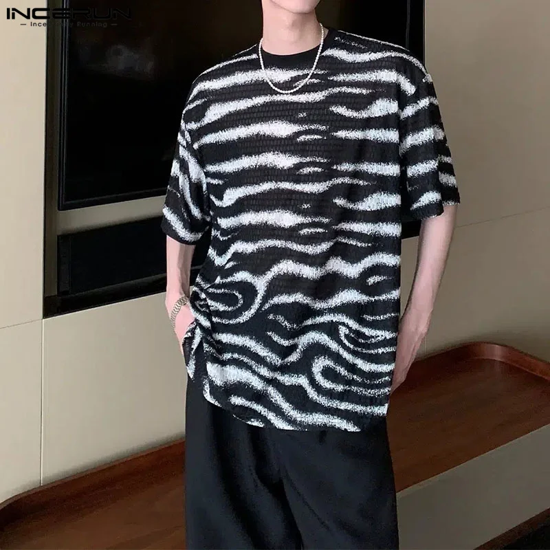 INCERUN Tops 2024 Korean Style Fashion Men\'s Zebra Pattern Perspective Jacquard T-shirt Casual Loose Short Sleeve Camiseta S-5XL