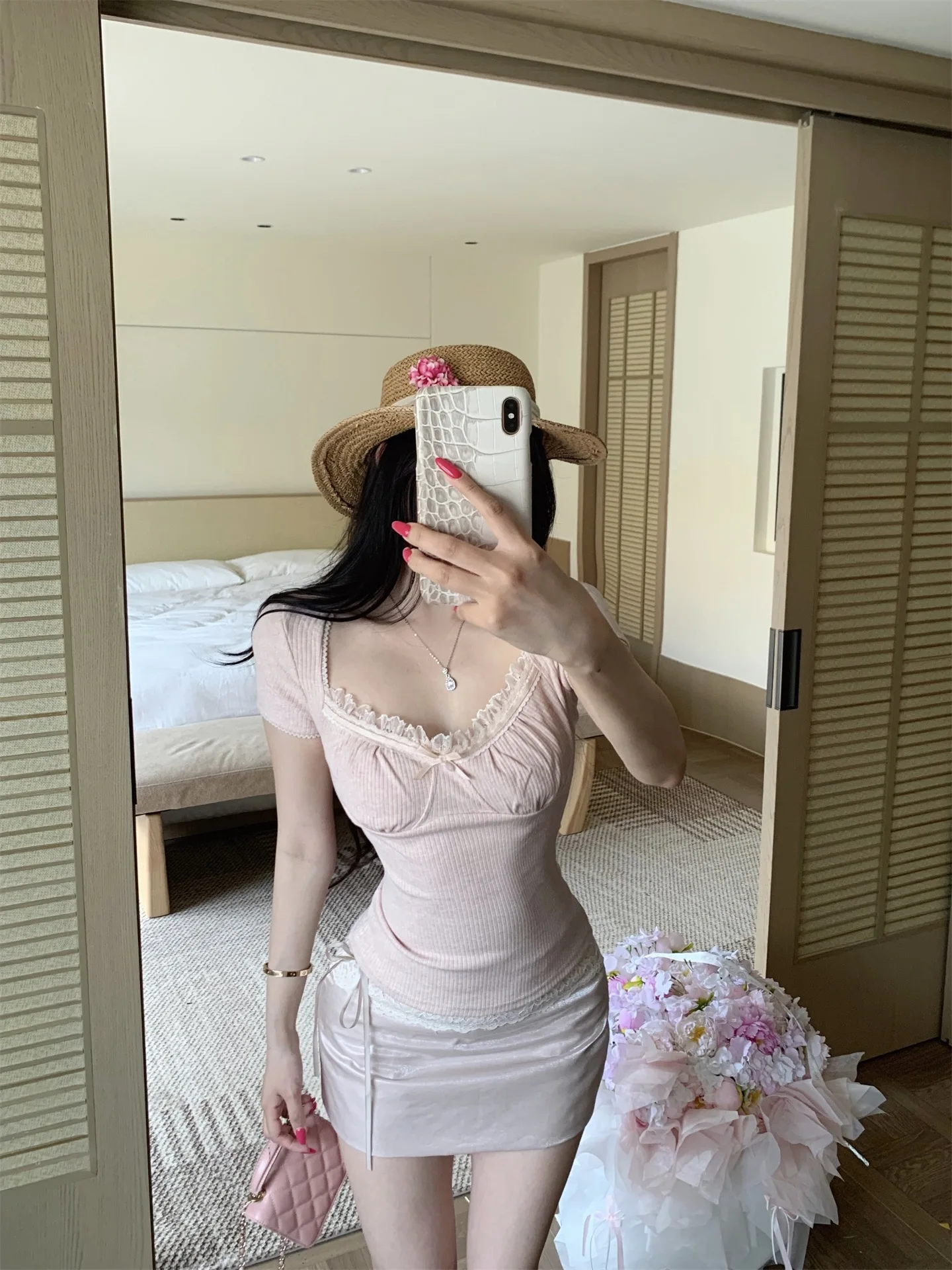 

Ruffled Short Sleeve T-Shirt And A-Line Skirt Set Women's Lace Patchwork Slim Fit with Belt Summer Fashion Two-Piece Set