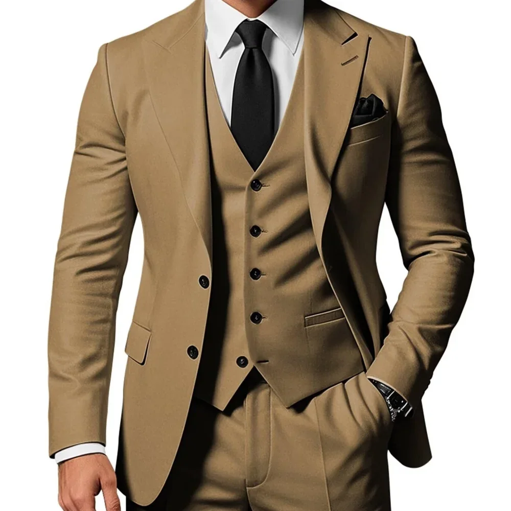 

3 Piece Jacket Pants Vest Costume HommeLuxury Brown Men's Suits Single Breasted Slim Fit Male Clothing Customized