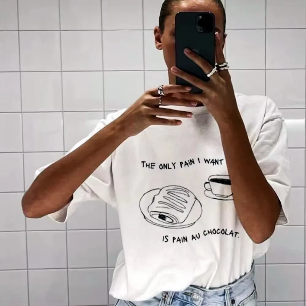 

Summer Ins Fashion Cotton Loose Shirts The Only Pain I Want Is Pain Au Chocolat T Shirt Short Sleeve Printing Tops Graphic Tees
