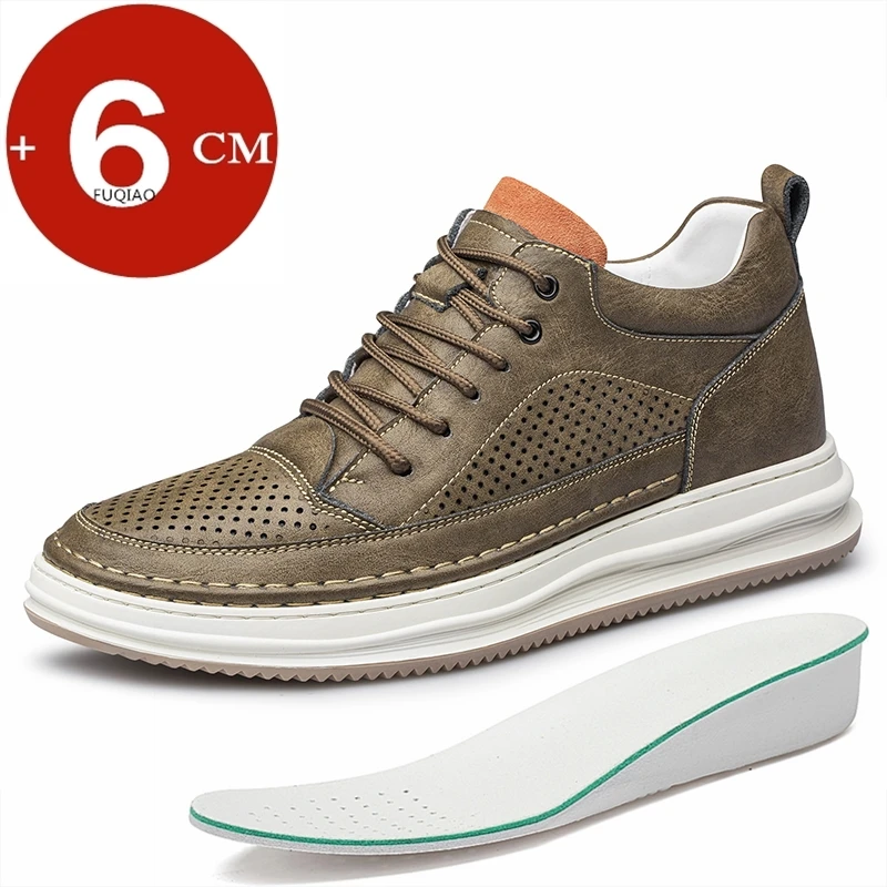 

Men's Summer 6CM Height Increase Genuine Leather Hollow Out Casual Elevator Shoes Breathable Comfortable Sneakers Walking Shoes