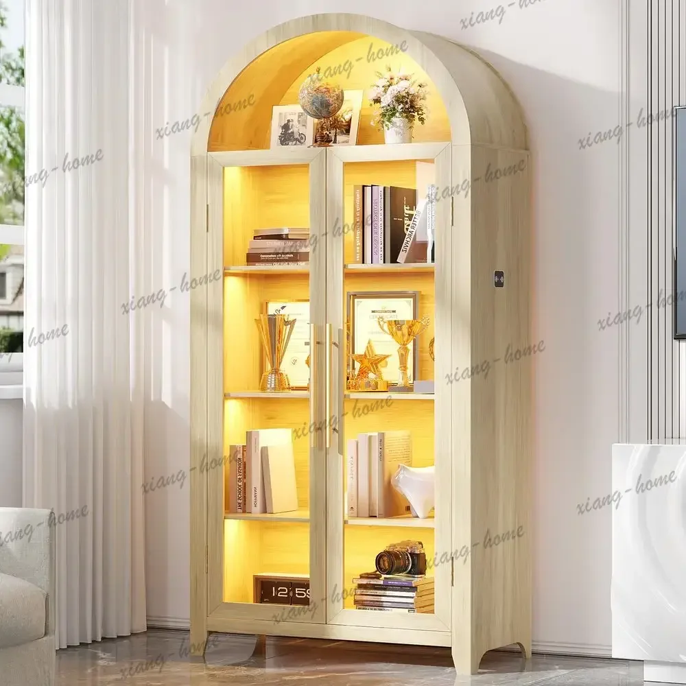 ls71 Arched Curio Cabinet with Glass Doors, Display Cabinet with Human Sensor LED Light, 5 Tier China Cabinet with Adjustable Sh