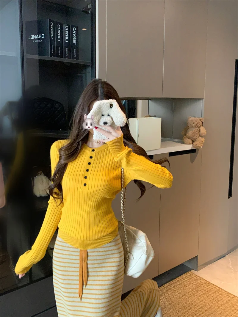 

Комплект из двух предметов: свитер Choco Girl Gentle Sle с длинными рукавами и полосатая длинная юбка для женщин, весенний, элегантный