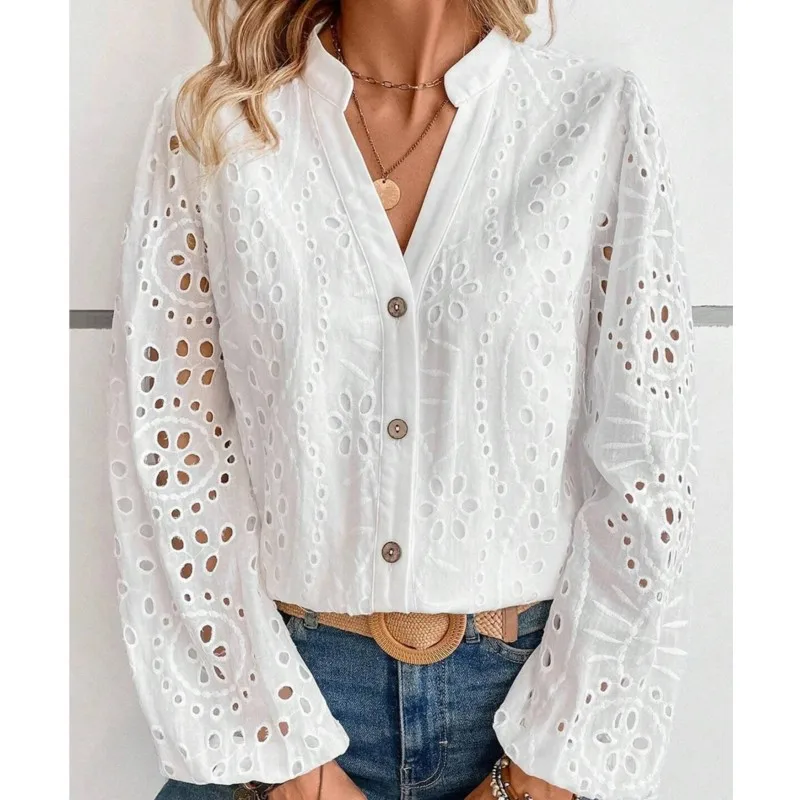 2024 Spring/Summer Fashion Casual Shirt Women\'s White Splicing Hollow Embroidery Loose Stand up Collar Long Sleeve Shirt Women\'s