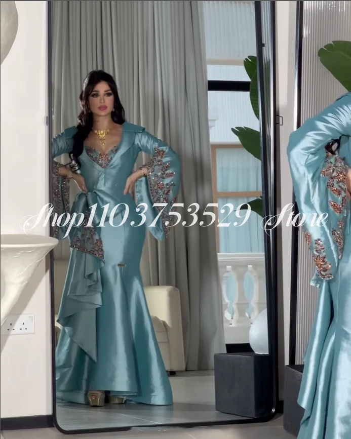 Luxo azul festa de formatura vestido elegante appliqued flor fada manga longa árabe tapete vermelho vestidos celebridade personalizado