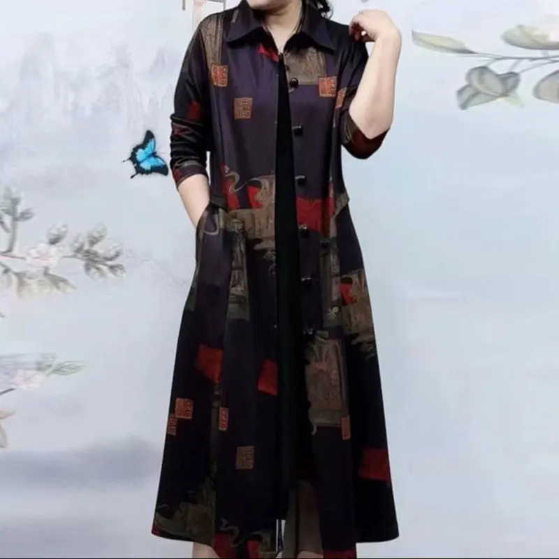 Casual Vintage Printed Midi Trench Female Clothing Single-breasted Spring Autumn Turn-down Collar Long Sleeve Straight Jackets