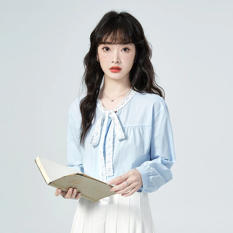 

Vintage Women's Blouses Solid Color Casual Shirts Fashion Loose Summer Clothing Long Sleeved Chiffon Lace Women Tops