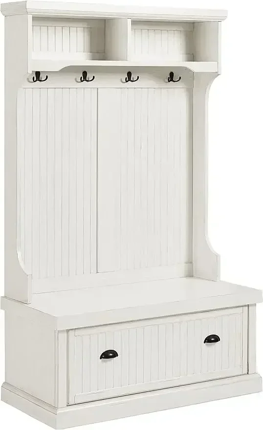 Crosley Furniture Seaside Hall Tree, Entryway Bench with Coat Rack and Shoe Cabinet, Distressed White