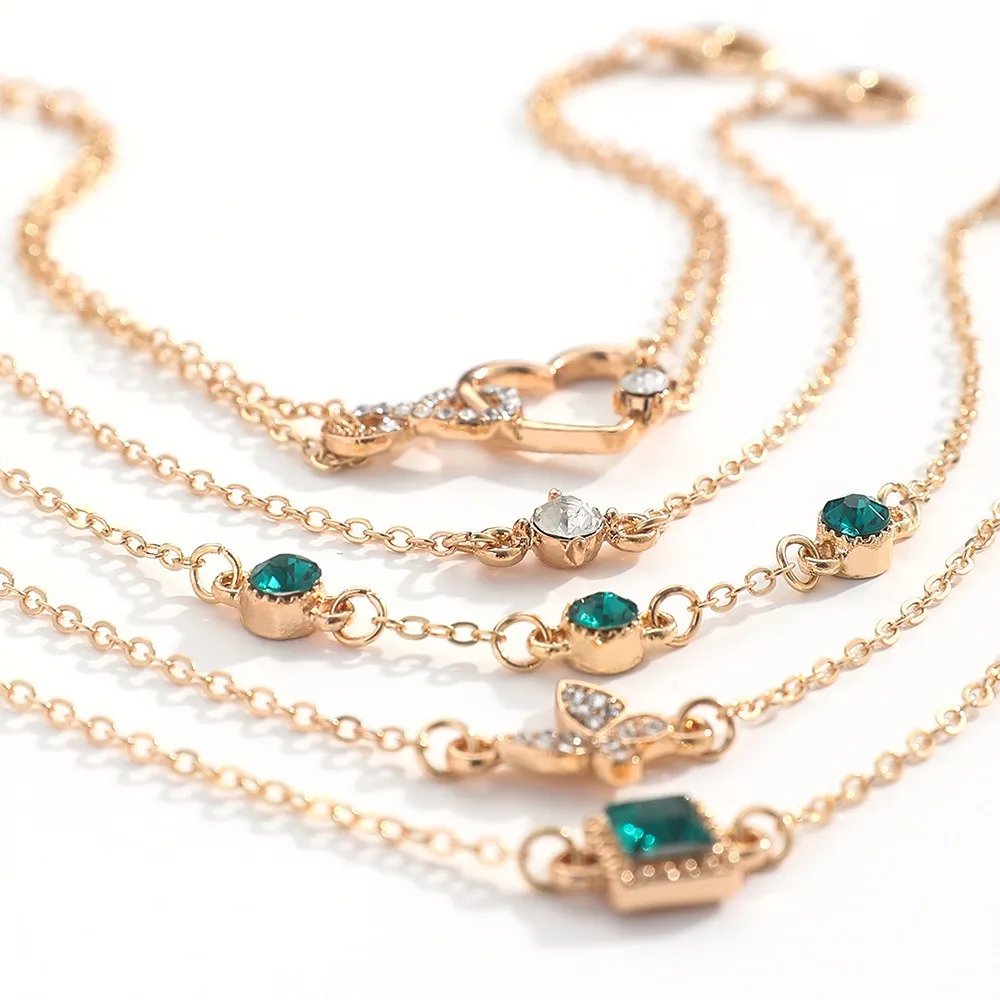 5 ピース/セットハロウィンハートグリーンクリスタルストーンブレスレットセット女性のためのゴールドカラー素敵な蝶ラインストーンガールズブレスレットセット