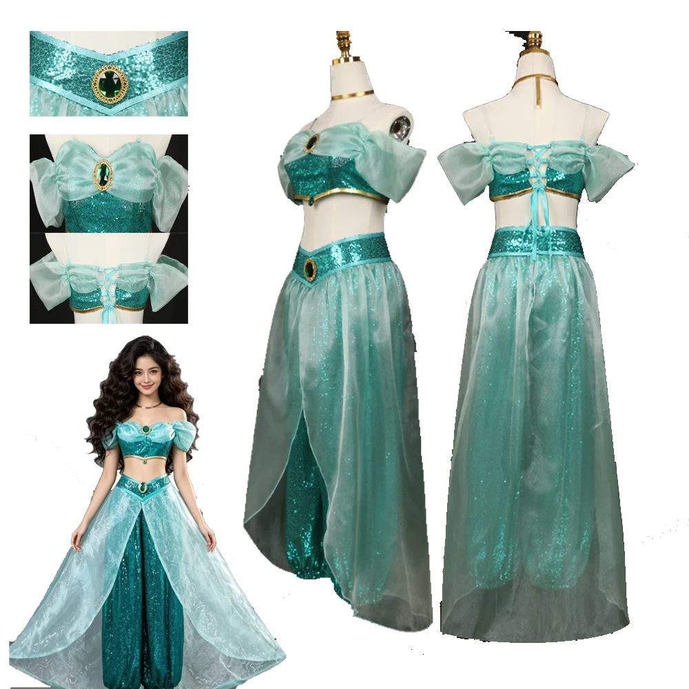 

Fancy Princess Sequined Dress Jasmine Cosplay Costume Adult Halloween Cosplay Girl Belly Dance Fancy Stage Disfraz