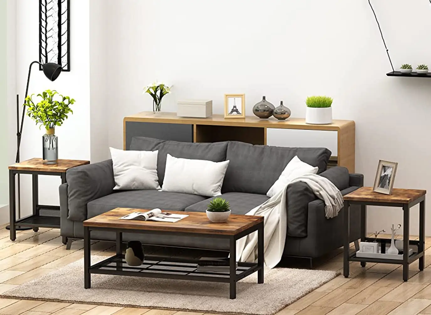 Industrial Coffee Table Set 3 Pieces with 2 Square End Tables Metal Frame for Apartment Home Office Rustic Brown, Customized