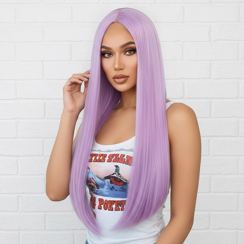วิกผมผู้หญิงสไตล์ยุโรปและอเมริกา วิกผมไหมทนความร้อนสูง ผมยาวตรงสีม่วงอ่อน วิกผมใยสังเคราะห์