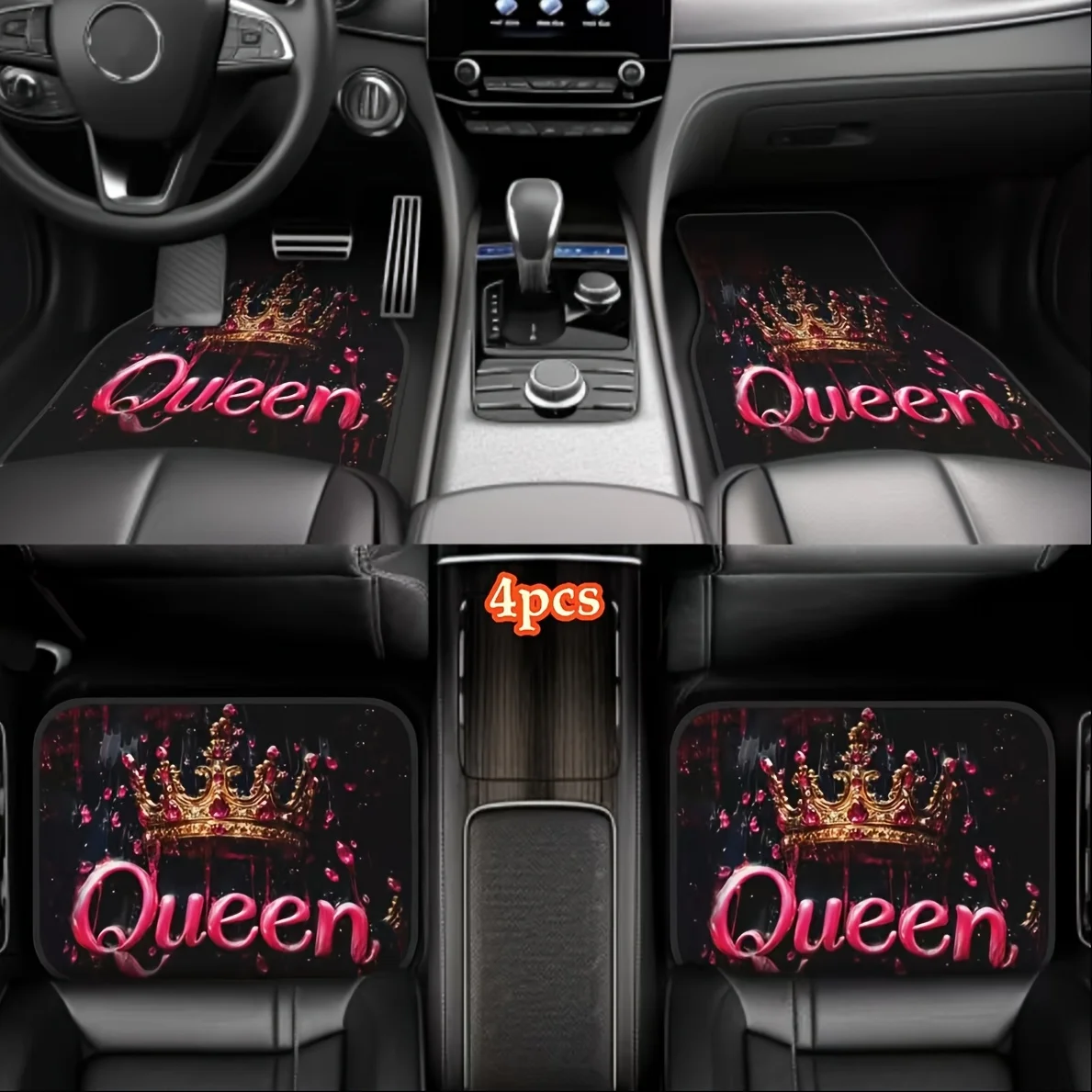 

4pcs Queen Crown Theme Car Mats - Stylish Red & Golden Design With Floral Accents, Durable Polyester Protection For Front & Rear