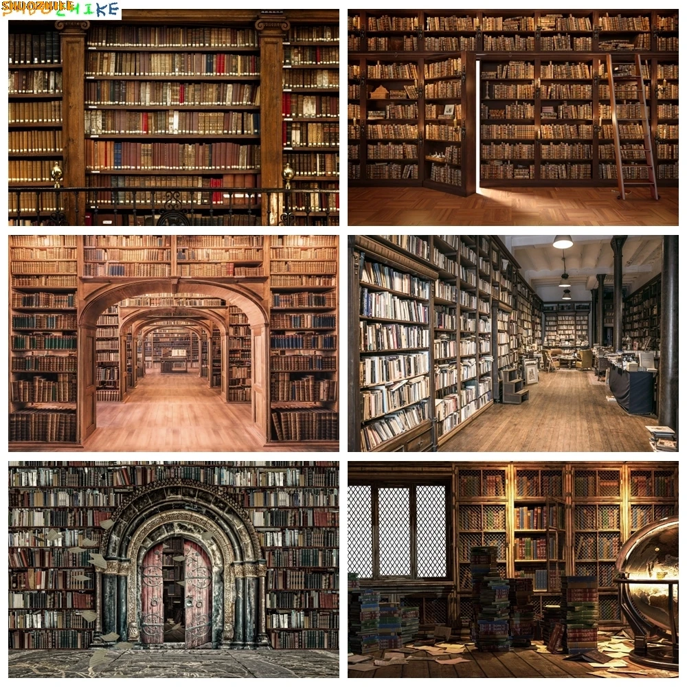 

Bookshelf Backdrop Back to School Vintage Wooden Library Study Bookcase Kids Portrait Background for Photography Photo Studio