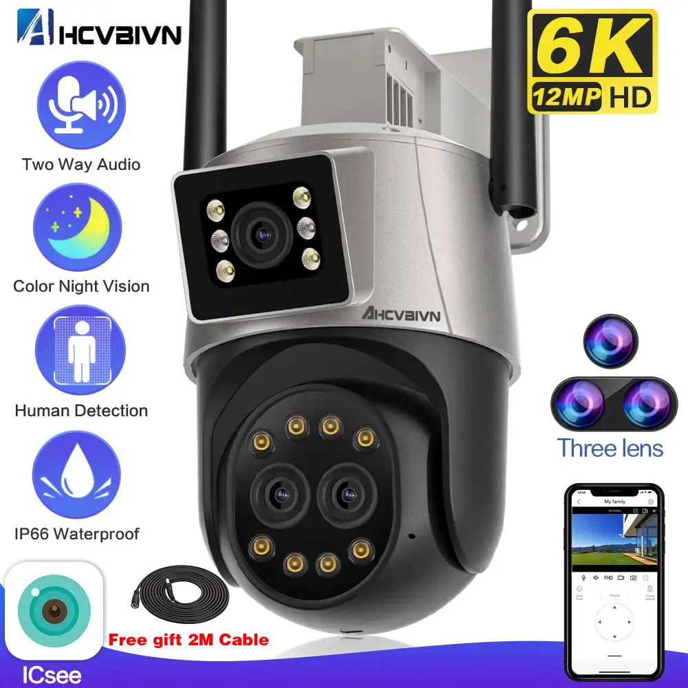 

12MP 6K HD External WiFi IP Camera Outdoor 8x Zoom Three Lens Dual Screen Onvif Security Protection CCTV Surveillance ICsee 4K