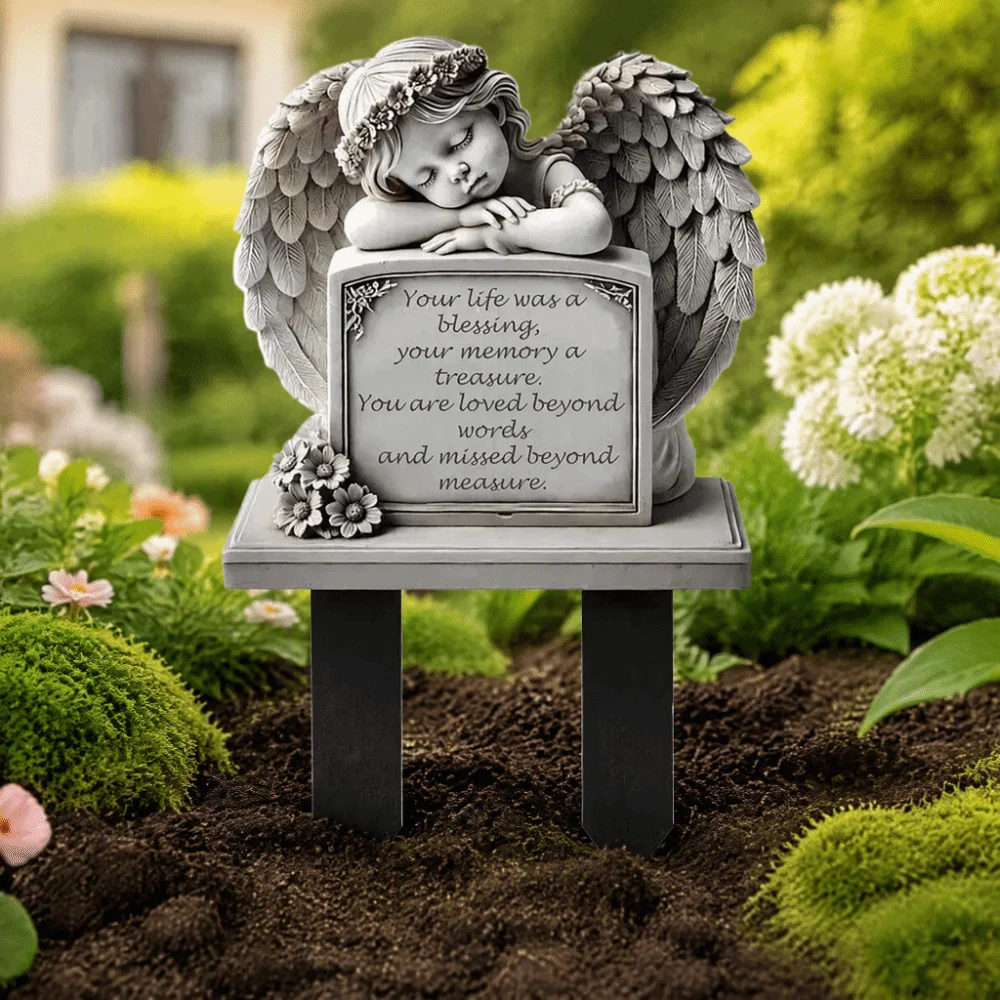 Commemorative Design Garden Angel Statue Grey 5.11x7.8in Memorial Plaque Human Memorial Garden Decoration Sleeping Angel Statue
