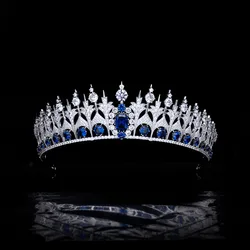 Luxury 5A Zircon Synthetic Sapphire Inset Copper Bride Crown for Weddings Hair Jewelry