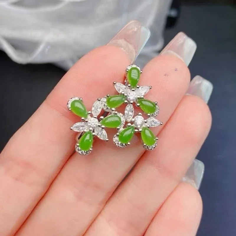 Exquisite Silver Jade Brooch 3mm*5mm Total 1ct Chinese Natural Green Jade Brooch 925 Silver Jasper Jewelry for Women