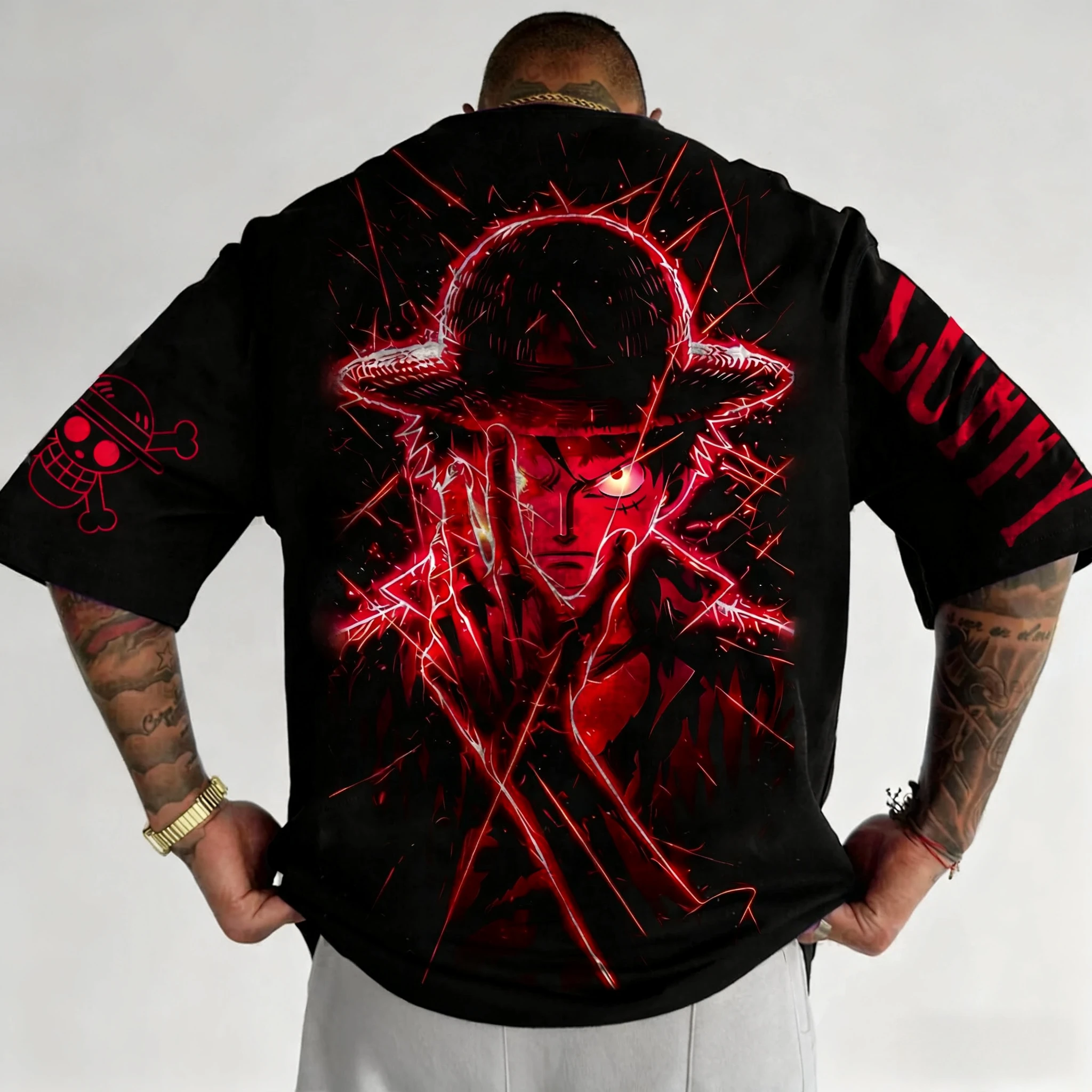 2025 Camiseta holgada americana de manga corta de algodón con estampado de Luffy de una pieza para hombres y mujeres, camiseta deportiva transpirable de verano con cuello redondo