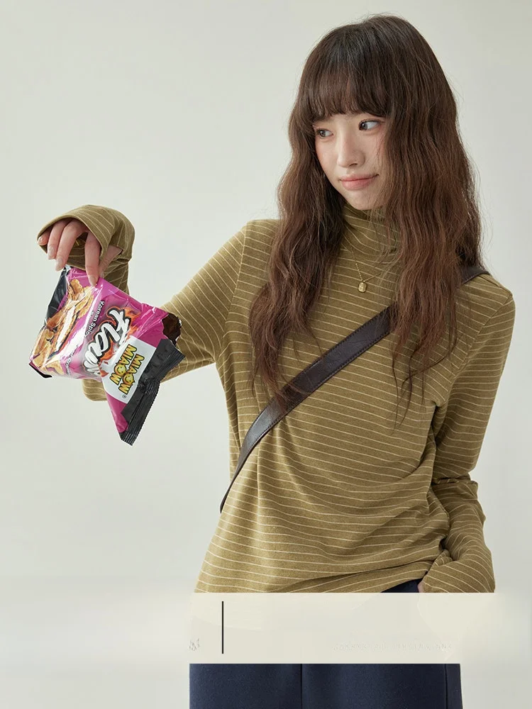 

AMUU Original Faion Striped High Collar Long Sve T-irt Women's Inner Wear Slimming Top Winter New Sle Commute Sle