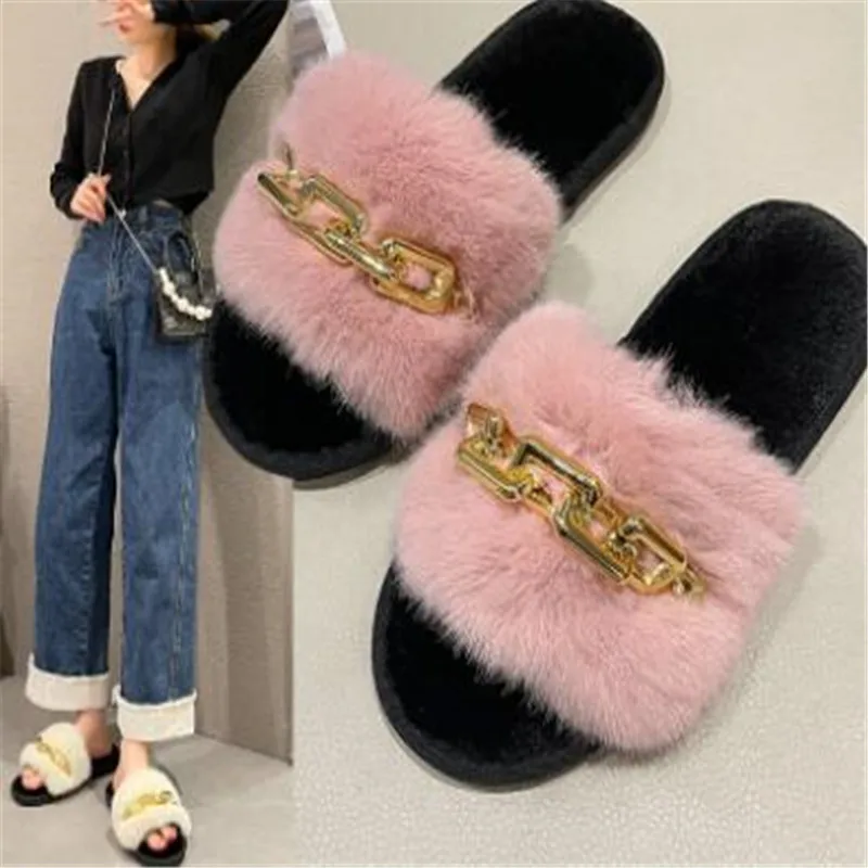 2023Fashion Chain Design Women Home Slippers Solid Color Open Toe Indoor 2023 Winter Flat Non-slip Leisure Interior Female Shoes