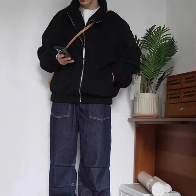 Autumn Winter Japanese Retro Stand Collar Warm Jacket for Men Fashion Casual Loose Sweatshirt Coat Streetwear Men Clothing