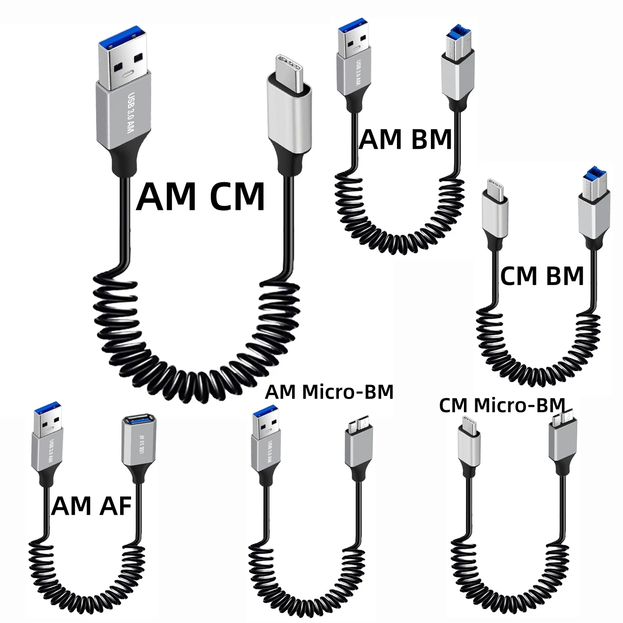 USB A Type-C MicroB Data Sync& Charging Coiled Spring USB Cable for PC Retractable Extension Cord Stretched Length Up to 1m/3FT