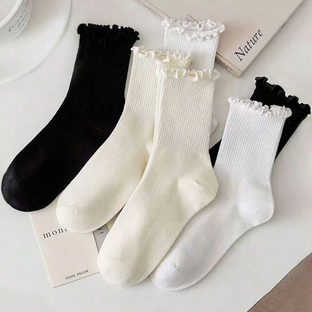 6/12 Paar Damen-Socken mit einfarbigem, gewelltem Rand, modischer, süßer Stil, atmungsaktiv, bequem, für Frühling und Sommer, Freizeitsocken – Detail 7