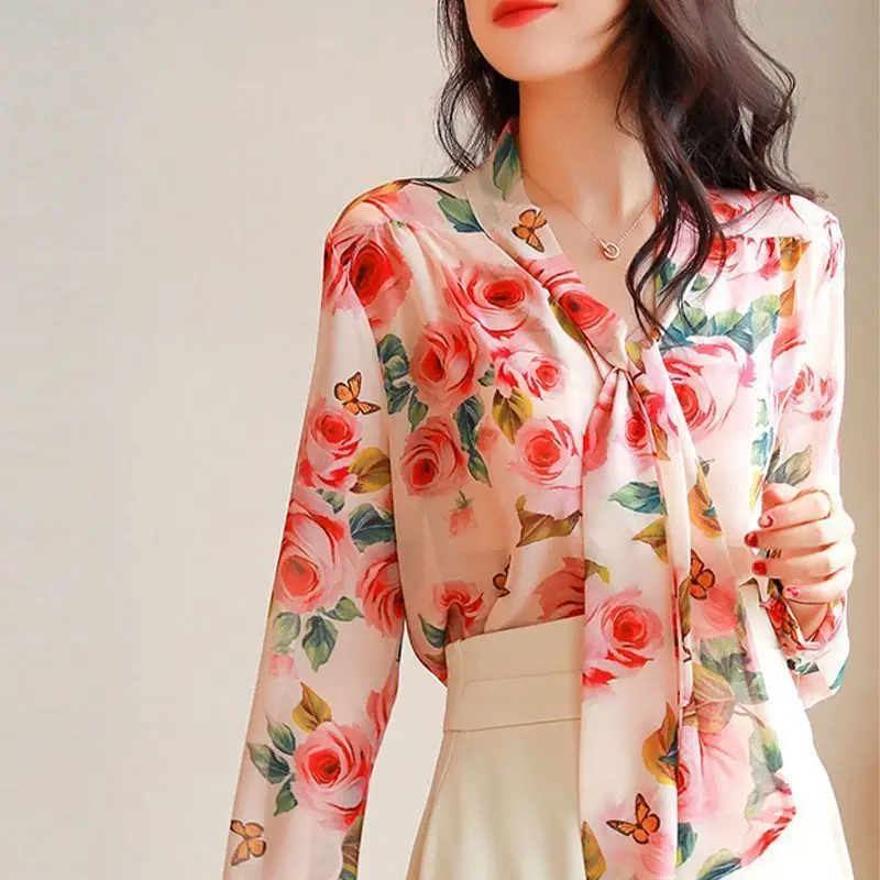 Women Trendy Vintage Floral Print Bow Lace Up Shirts French Style Elegant Chic Blouse Spring Autumn Long Sleeve Tops Loose Blusa