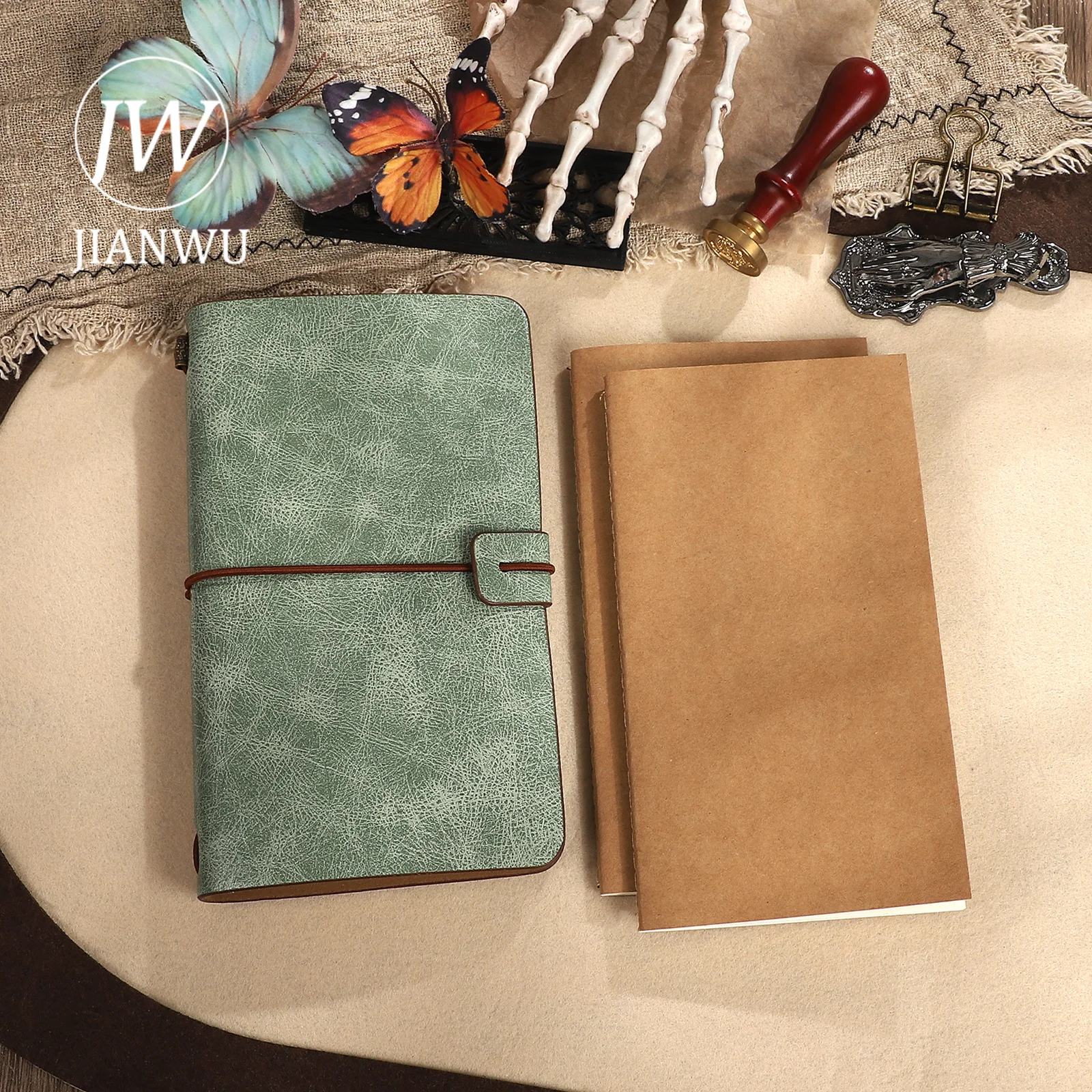 JIANWU A6 Vintage Strapped PU Leather Textured Cover Material Collage Notebook Creative DIY Journal Student Supplies Stationery - view 4