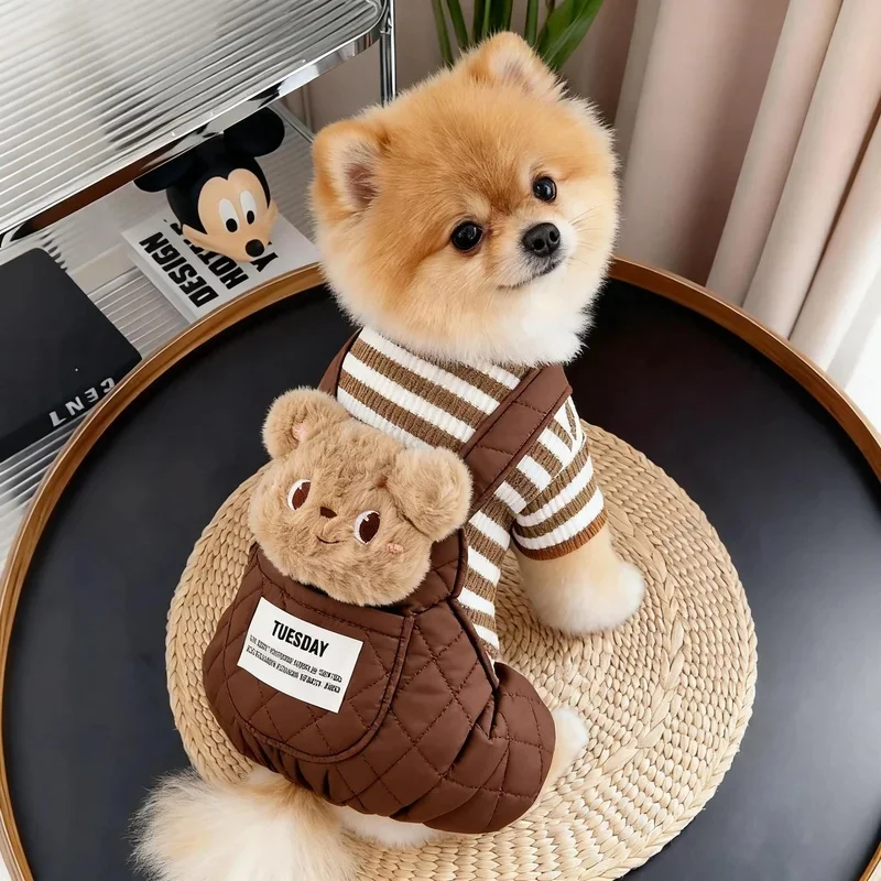 Warm Fleece Lined Dog Clothes Autumn Winter Pet Apparel Cute Doll Four Legged Suit for Small to Medium Dogs like Pomeranian
