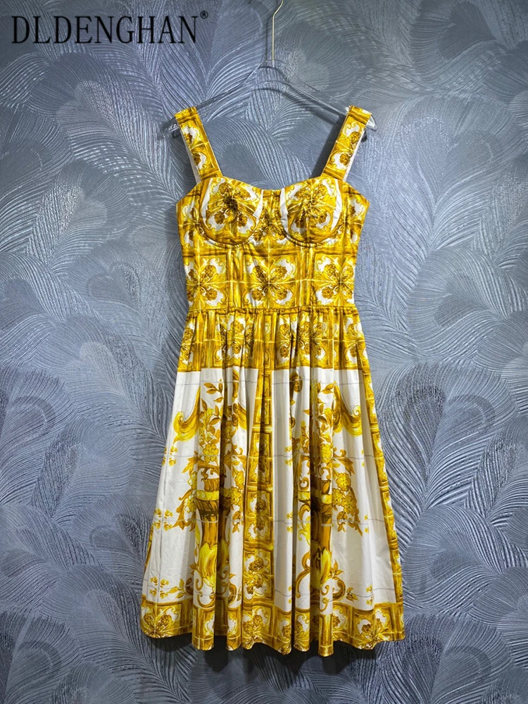 

DLDENGHAN Summer Vintage Cotton Dress Women's Spaghetti Strap Sleeveless Yellow Flower Print Backless Dress Fashion Designer New