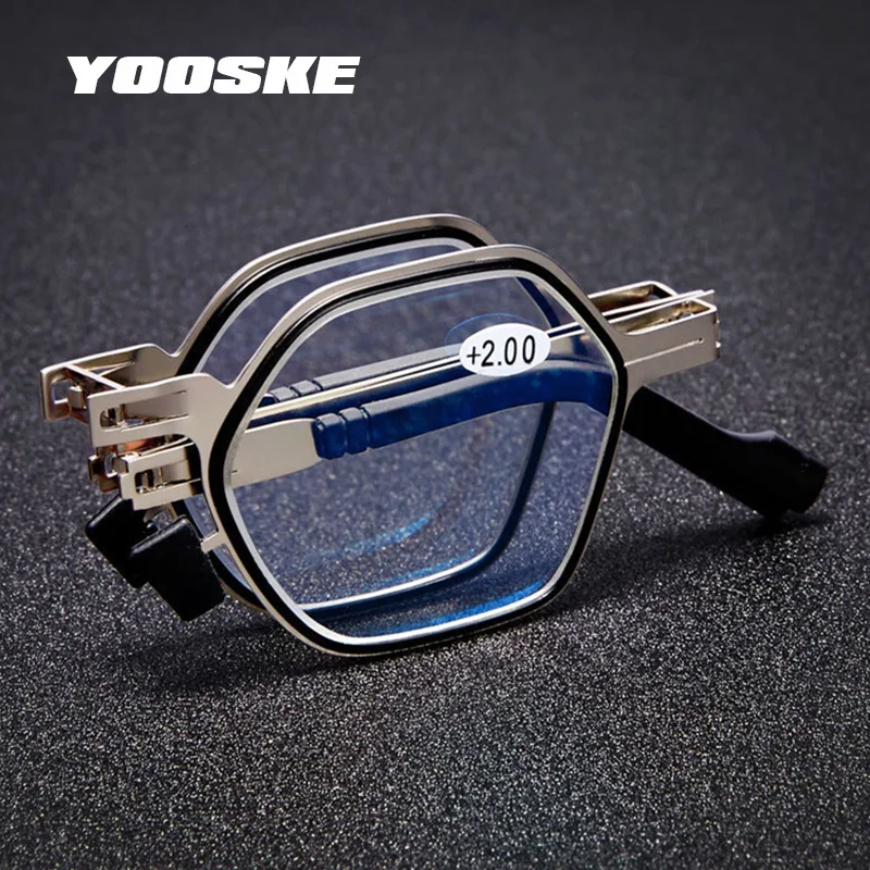 YOOSKE Men Prescription Eyeglasses Computer Reading Glasses Anti Blue Light lenses Folding Glasses With Plus Diopters +1+1.5+2.0