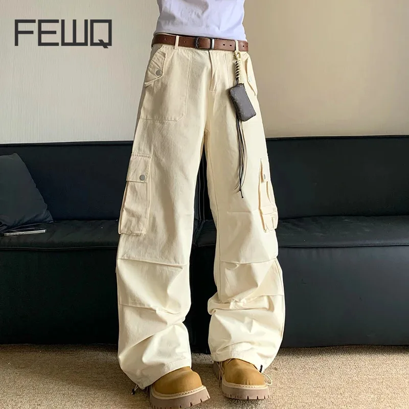

FEWQ American Pleated Pocket Workwear Pants Large Pockets Loose Straight Leg 2024 Solid Color Male Trousers Fashion 24E1572