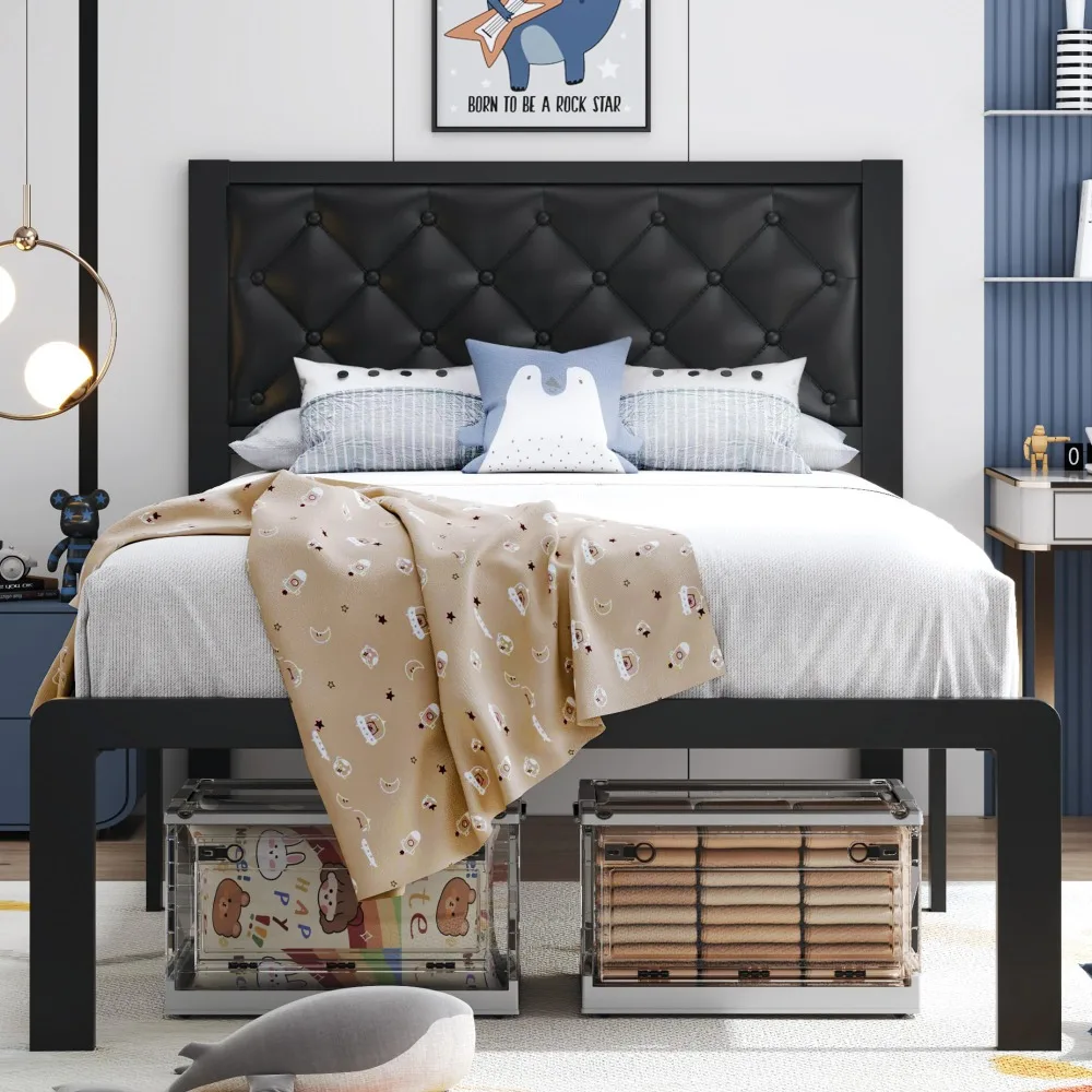 Twin Bed Frame with Upholstered Button Tufted Headboard, Bed Frame Platform Metal Slats Support, Under Bed Storage, No